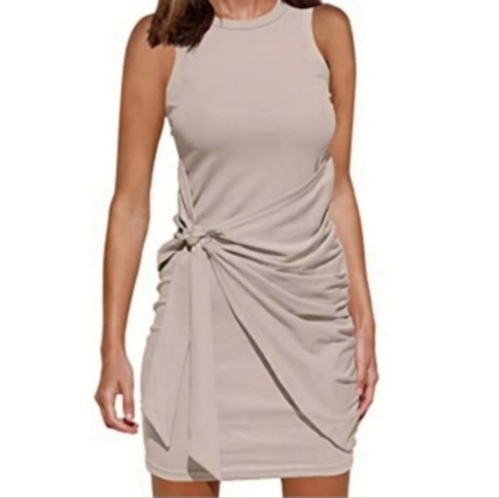 Nuetral Brown Tank Dress Wrap Sleeveless Ruched Mini Stretchy Bodycon Large